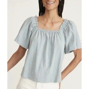 Marine Layer Constance Cotton Slub Square Neck Flutter Sleeve Top Blue Green S